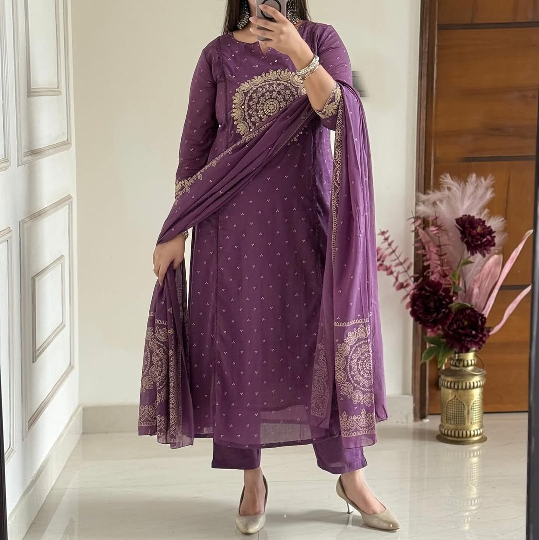 Purple Cotton Suit Set with Embroidered Dupatta